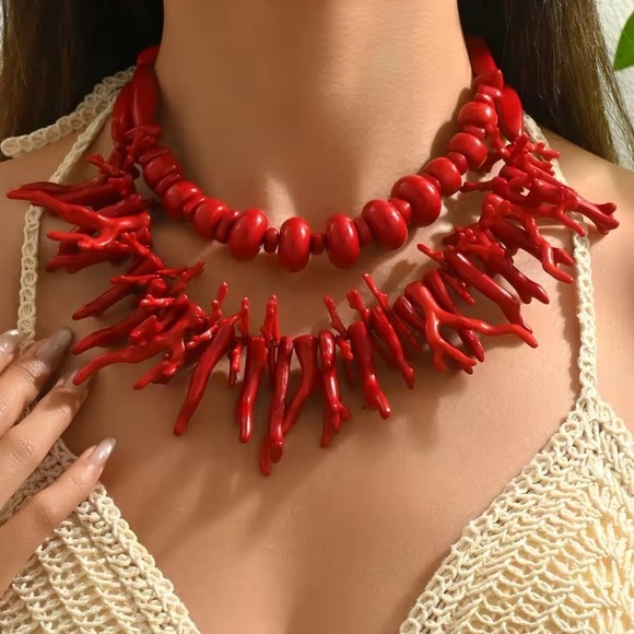 Anthropologie Jewelry - Red Coral Branch Statement Necklace – Bold Ocean-Inspired Chunky Bib Jewelry